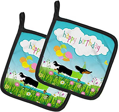 Caroline's Treasures VHA3029PTHD Happy Birthday Dackel Paar Topflappen Küche Hitzebeständige Topflappen Sets Ofen Hot Pads zum Kochen Backen Grillen 19,5 x 19,5 cm