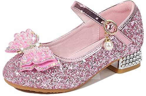 YOSICIL Principessa Scarpe con Tacco da Bambine e Ragazze con Fiocchi Scarpe da Principessa con Paillettes Ragazza Ballerine Glitterate Scarpe Eleganti Partito e Carnevale,Rosa,25