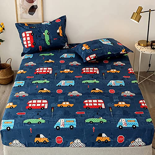 Michorinee Spannbettlaken Kinder 120x200cm Blau Auto Cars Motiv Muster Bettlaken Boxspringbett Topper 100% Microfaser Kinder Junge Spannbetttuch für Matratze bis 25 cm Hohe