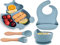 Hoseay Baby Geschirrset Silikon 5 Stücke Rutschfest Kindergeschirr Set Kinderteller mit Saugnapf Schüssel Lätzchen Löffel Gabel Abwaschbar BPA Freie Baby Essen Set für Kleinkinder Jungen, Blau