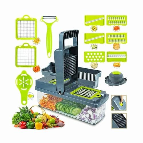 Gemüseschneider Multifunktions, 14 in 1 Mandoline Gemüsehobel Edelstahl, Obst und Gemüse Schneider Manuell-Zwiebelschneider, Obstschneider, Kartoffelschneider, Gemüsereibe, 14in1