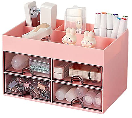 Schreibtisch-Organizer, niedliche Make-up-Aufbewahrungsbox mit 4 Schubladen und 4 Fächern, Schreibtisch-Organizer, Stifthalter für Zuhause, Büro und Schule (Rosa)