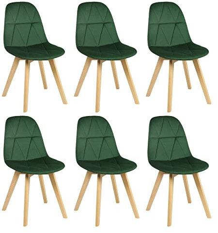 Lestarain 6er Set Esszimmerstühle mit Rückenlehne, Küchenstuhl, Polsterstuhl, Wohnzimmerstuhl, Sessel, Scandinavian Vintage, mit Samtbezug Massivholzbeinen, Dunkelgrün, LCNI115003-6