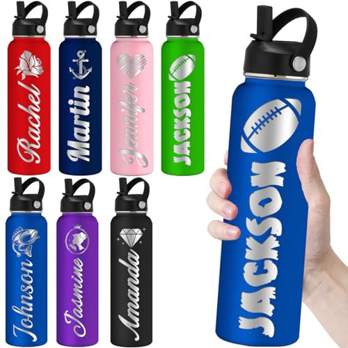 Botellas de agua personalizadas con pajilla, botella de agua grabada personalizada para la escuela, nombre personalizado, doble pared aislada, color azul