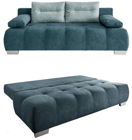 Federkern Schlafsofa 205 cm breit, 2er Couch mit Liegefläche 140 x 200 cm, Zweisitzer-Sofa mit Liegefunktion, Bezug Microfaser in Blau Petrol, Rückenkissen in Mint / 17212