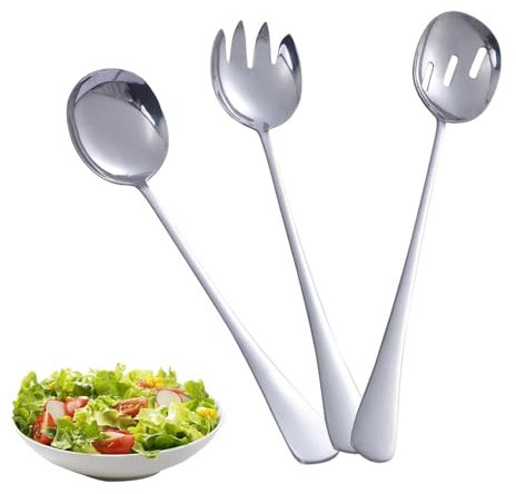 Lot de 3 couverts à salade en acier inoxydable - Cuillères à salade fendues et fourchettes à salade en acier inoxydable - Cuillères de service à salade pour famille, hôtels, restaurants (argenté)