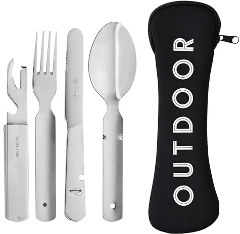 GRÄWE Campingbesteck 4-teilig mit schwarzer Schutzhülle, Bundeswehrbesteck, Besteckset aus Edelstahl, Outdoor Besteck Set, zusammensteckbar, mit Flaschenöffner, Dosenöffner und Brotmesser