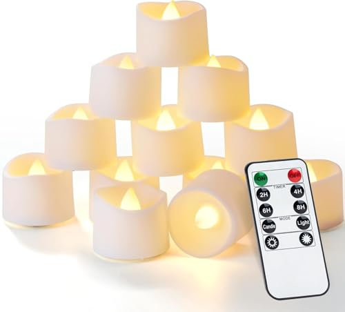 Homemory 12 Stück Fernbedienung Teelichter mit Timer, flammenlose Kerzen mit Fernbedienung, Teelichter batteriern, 2/4/6/8H Timer, ideal für Weihnachten, Hochzeit, Party, Warmweiße Lichter