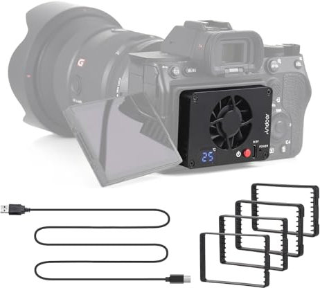 Andoer FS-04A Kamera-Lüfter, externes Kühlsystem mit Temperatureinstellung, OLED-Display, 4 Stück Montageadapterplatten für Sony A7M4/ZVE1/A6700/A7C2/A7S3, für Canon R5/R6/R7, für Fujifilm XT4-Kameras