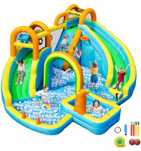 SportBob Chateau Gonflable avec Toboggan Double, Aire de Jeux Gonflable pour Enfants, Parc Aquatique Gonflable avec Piscine d'Éclaboussures, pour Le Jardin, en Extérieur et en Intérieur
