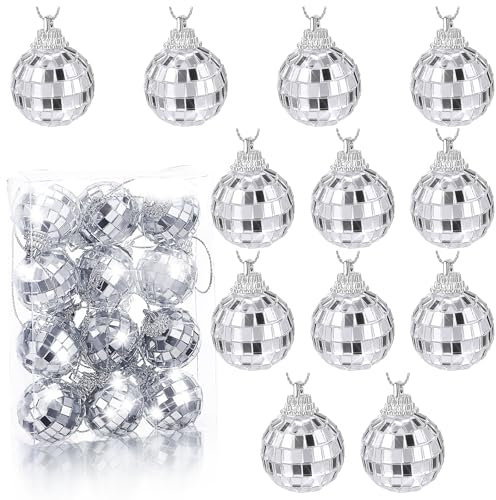 12 Pcs Christmas Disco Ball Hanging Ornaments, Glass Mirror Disco Ball Silver Mini Disco Ball Reflective Disco Ball Disco Party Supplies Christmas Tree Decorations 70s Theme Party (3cm/1.2 inch)