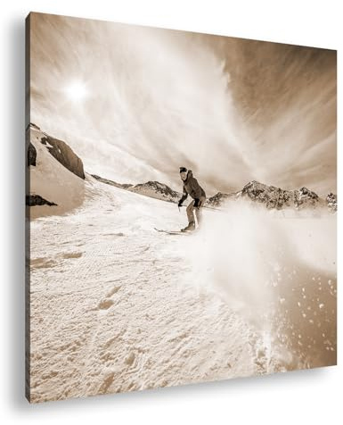 Leinwandbild Skifahrer gleitet dynamisch die Piste hinab, Wintersonne im Rücken. Format: 60x60 cm Effekt: Sepia XXL Kunstdruck Bild auf Keilrahmen/Wandbild/Wohnzimmer Deko