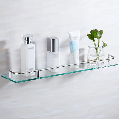 OLSKFUH An Der Wand Montiertes Duschregal, Schwebendes Regal Mit Zaun, Badezimmerregal Aus Gehärtetem Glas Aus Edelstahl, Leicht Zu Reinigende Duschregale Für Den Küch,20in