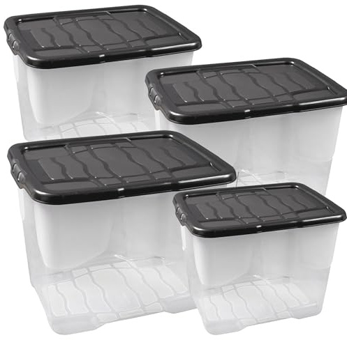 STORM TRADING GROUP 24 Litre Curve Plastic Stackable Storage Box | Multi Storage Containers For Home & Office Storage Solution Clear Base & Black Lids
