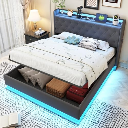 LAKFEW Doppelbett Polsterbett 140x200, Funktionsbett Stauraumbett mit Polster-Kopfteil LED & USB-Aufladung, Hängebett Bett Hydraulischem mit Lattenrost, Grau, Ohne Matratze, Leinen