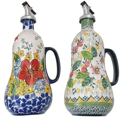 Italian Ceramic Olive Oil Dispenser Bottle 700ml, Hand Painted Olive Oil Bottles, Decorative Stoneware Olive Oil Cruet, Oil & Vinegar Pots with Stainless Steel Spout for Kitchen