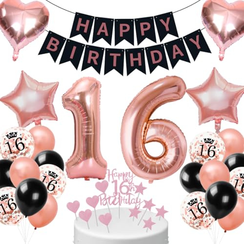 Cadimus Deko 16. Geburtstag Mädchen Schwarz Roségold,16. Geburtstag Luftballon,Geburtstagsdeko 16 jahre Frauen,Ballon Dekorationsset für 16 ter,Ballons für Geburtstagsfeier Deko