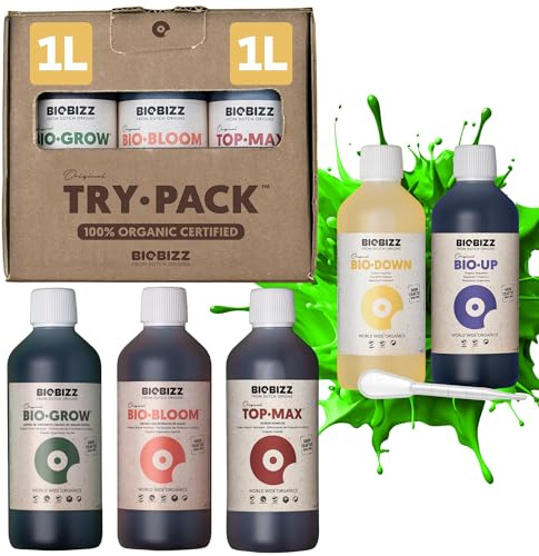 Biobizz XXL Trypack Indoor Set mit Bio Bloom, Bio Grow und Top Max je 1L und Bio Up, Bio Down je 250ml inklusive Messpipette