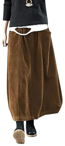 Gonna da donna invernale in corduroy, donne, gonna midi lunga, gonna a vita elasticizzata, linea ad A, gonna a pieghe, caffè, L