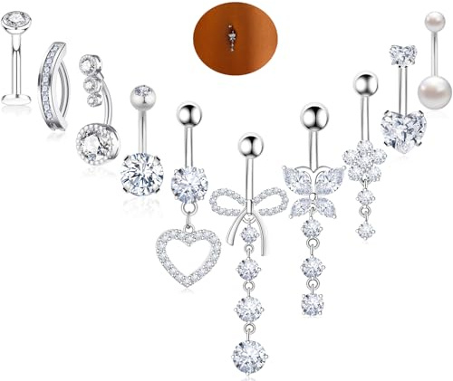 BSJ4U 10 Pcs Silver Belly Button Ring Dangle Hypoallergenic Surgical Stainless Steel Belly Rings for Women CZ Floating Clicker Heart Pearl Bow Flower Butterfly Navel Piercing Jewelry Dangly Navel Ring