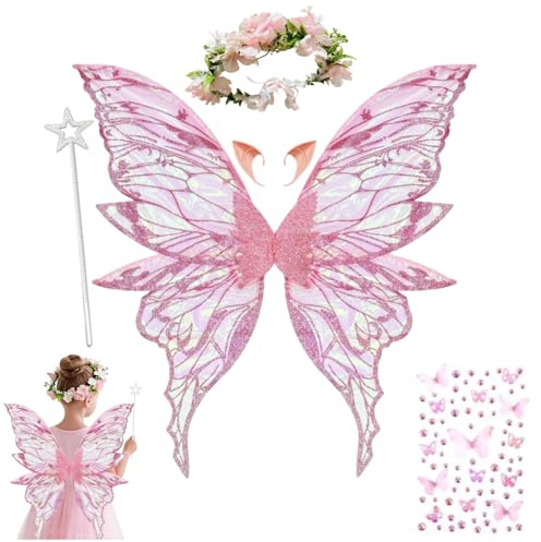 Wogueish Feenflügel Kostüm 5 Stück elfen kostüm Feenflügel Kostüm Set: Funkelnde Elfenflügel mit Blumenkranz & Aufkleber für Kinder & Erwachsene - Schmetterlingsflügel Damen & Mädchen