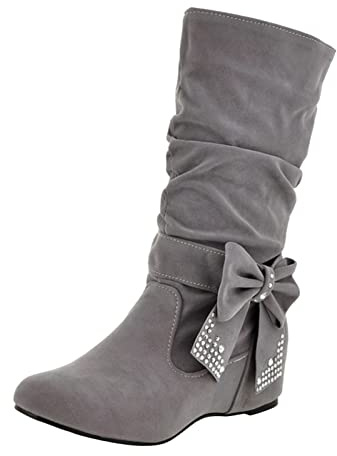 Stivali invernali da donna vintage, da cowboy da donna, medi alti, con strass, con fiocco e tacco basso, grigio., 38 EU