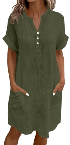 Summer Dresses for Women UK Casual Half Sleeve Shirt Dress V Neck Pleated Cotton Linen Dress Midi Dress Solid Color Short Dress Elegant Summer Loose Swing Dress with Pockets Army Green