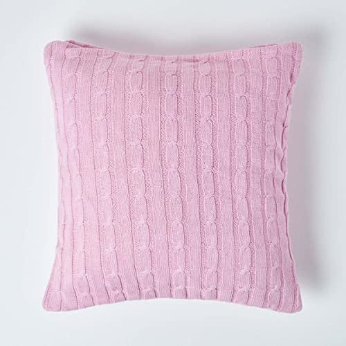 Homescapes rosa Kissenhülle für Zierkissen/Sofakissen mit Strick-Zopfmuster, quadratischer Zierkissenbezug 45 x 45 cm aus 100% Baumwolle, pastellrosa