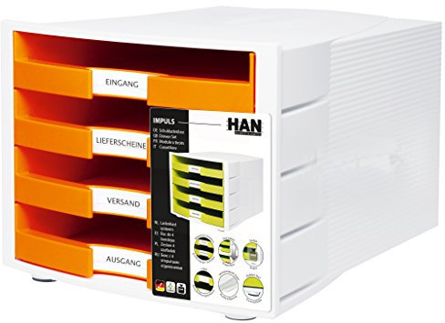 HAN Schubladenbox IMPULS, DIN A4/C4, 4 offene Schubaden, gefolt, weiß-TC orange