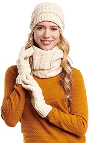 Hilltop Winter Set aus Loop-Schal, Strickmütze und Handschuhen/Beanie mit Öffnung für den Zopf, Winter Set:Creme