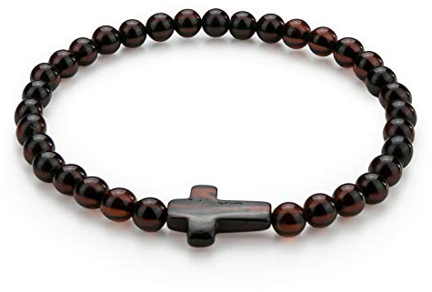Amber Culture Amber Cross Bracelet - Handmade 5mm Beads 100% Baltic Natural Baltic Amber Stone - Stretch Unisex with Gift Box Dark Cherry Color