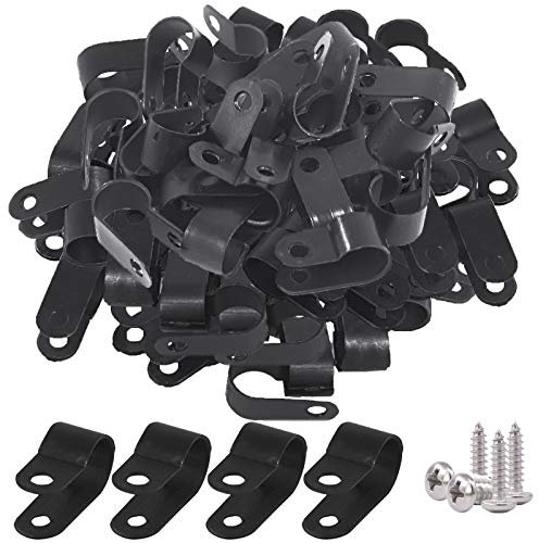 Glarks 120Pcs 3/8 Inch Black Nylon Screw Mounting R-Type Cable Clip Wire Clamp with 120Pcs Screws for Wire, Cable, Conduit and Cable Conduit Kit (Black)