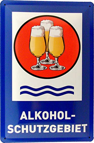 Blechschild 20x30 Alkohol Schutzgebiet mit Bier Glas im Verkehrsschild Design zur aussagekräftigen Markierung von Wohnzimmer Trinkhalle Kiosk Kneipe Gastronomie Biergarten Bar Pub Wirtschaft