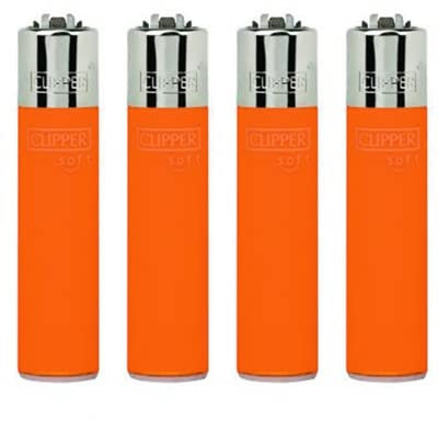 Original Clipper Feuerzeuge Einfarbig 4er Set (z.B. Soft Touch, Crystal, Metalic, solid Fluro) + 1 Clipper DHOBIA Feuerzeug GRATIS (Soft Touch #3 Orange)