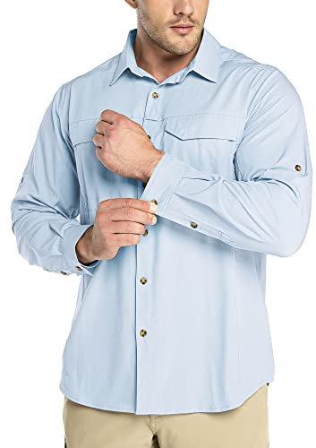 Outdoor Ventures Men's Shirts Safari Shirt Roll-Up Sleeve UV Shirts Quick Dry Lightweight Hiking Shirt with Pockets for Walking Fishing Travelling Light Blue L