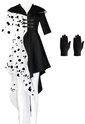 Karneval Kostüm Damen, Cruella Deville Kostüm Kleid Cosplay, Schwarzer und Weißer Dalmatiner Fleck Kleid Partnerkostümen Karneval (L)