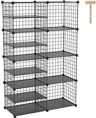 C&AHOME Wire Cube Storage Unit, Interlocking Metal Wire Organizer with Divider Design, Modular Cabinet with Plastic Panels, Bookshelf Stackable Closet Organizer with Small Hooks, Black UWCSIM08B