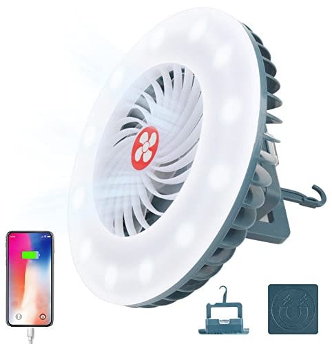 WingFly Camping Ventilator mit Licht, Outdoor LED CampingLampe, Tragbarer LED-Laterne Mini-Schreibtischventilator USB Ventilator mit Haken für Auto Outdoor Camping Büro Hause (1)