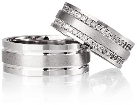 Sie und Ihn Silber Trauringe Paar passende Eheringe Set Personalisierte Eheringe aus 925er Sterlingsilber mit Cubic Zirkonia