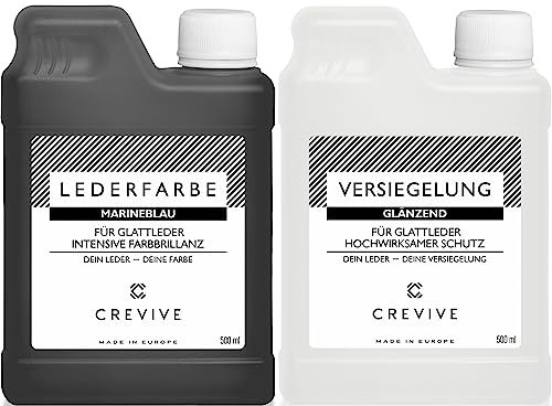 CREVIVE Lederfarbe Marineblau 500 ml & Leder Versiegelung Glänzend 500 ml – für Echtleder zum färben und umfärben - zum Schutz und zur Fixierung von Leder Farbe - Lederfarbe Sofa - Lederfarbe Auto