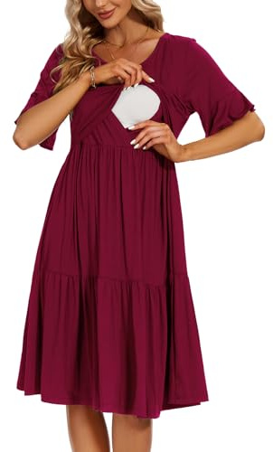 Smallshow Women's Maternity Nursing Dress Ruffle Short Sleeve Breastfeeding Clothes, Maroon, L