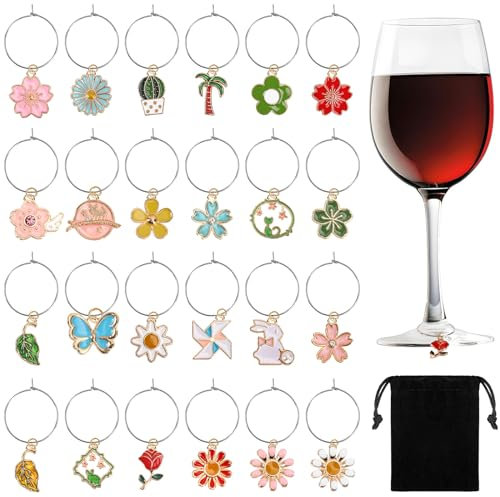 SANNIX Spring Floral Wine Charms, 24pcs Wine Glass Identifiers for Tasting Parties