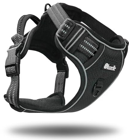 bluzelle Hundegeschirr für kleine Hunde, Reflektierendes Brustgeschirr mit Griff & Tasche für GPS Tracker, Anti-Zug Hundeweste Hund-Warnweste, Atmungsaktiv Reflektor-Gurte, XS, Schwarz