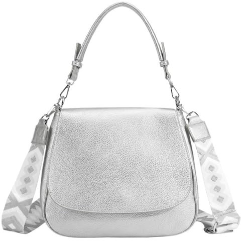 OBC Damen Tasche Shopper Hobo Bag Schultertasche Cross Over Body Bag Umhängetasche Beuteltasche Handtasche Henkeltasche Leder Optik Leder Optik Silber