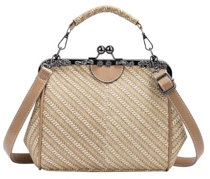 Kiss Lock Handtasche für Damen, Vintage-Stil, PU-Leder, Abendtasche, Clutch, Retro, hohl, Umhängetasche, Schultertasche, Khaki, Medium