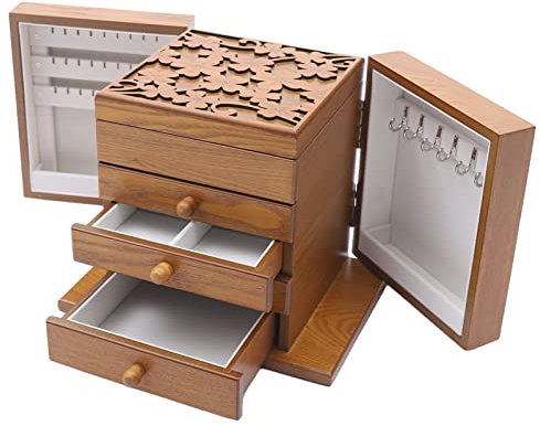 Konfiur Holz Schmuckkasten, 5 Schichten Schmuckkasten Groß, Freistehend Schmuckkoffer mit Schublade, Große Kapazität Aufbewahrungsbox Organizer für alle Arten von Schmuck, Braun