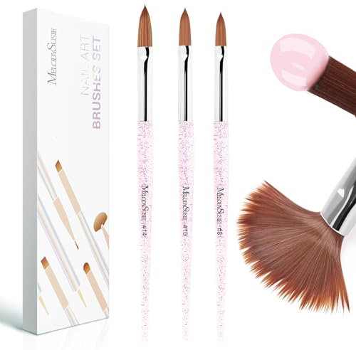 MelodySusie 3Pcs Acrylic Nail Brush Set, Size 8/10/14 Professional Nail Brushes for Acrylic Powder Nail Art Extension and 3D Nail Carving for DIY Home Salon Nail Art Manicure Tool (Pink)