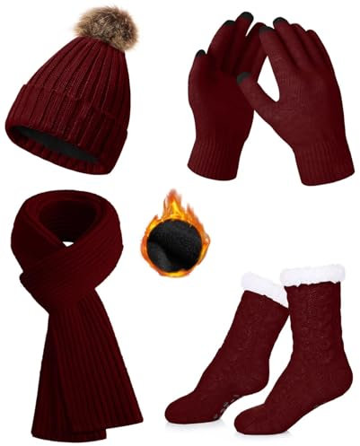 Yutdeng Mütze Schal Handschuhe Set Damen Strickmütze Winter Beanie mit Fleece Gefütterte Mütze mit Bommel Winterschal Handschuhe Touchscreen und Dicke Socken Winterset Damen 4 Teilig,Weinrot