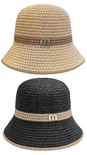 CWPFVQA Lot De 2 Chapeaux Seau pour Femme, Chapeaux De Paille Au Crochet, Chapeaux en Maille Creuse, Chapeaux Décontractés D'Extérieur, Chapeaux De Protection Solaire Respirants, Chapeaux De Plage
