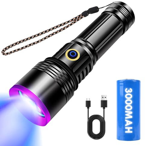 Banaone Lampe Torche UV 365nm, 20W Rechargeable Lampe Ultraviolet Lumiere Noire Détecteur D'urine pour Resine, Peinture, Scorpion, Minéraux avec Lunettes de Protection UV, Pile Incluse